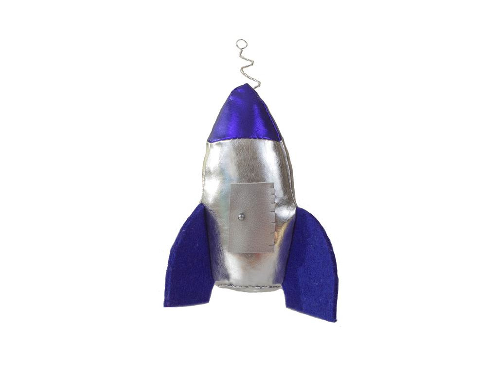 A silver rocketship with rounded blue fins, a blue nosecone, and a rectangular door.