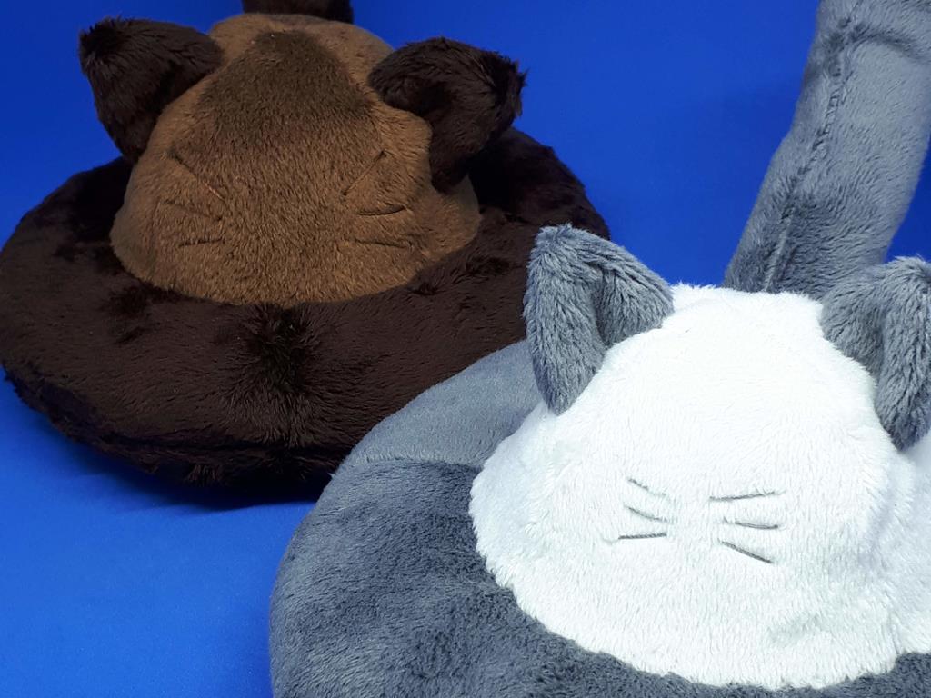 Two flying saucers with cat ears, a tail, and whiskers. One is brown and the other is grey and white.