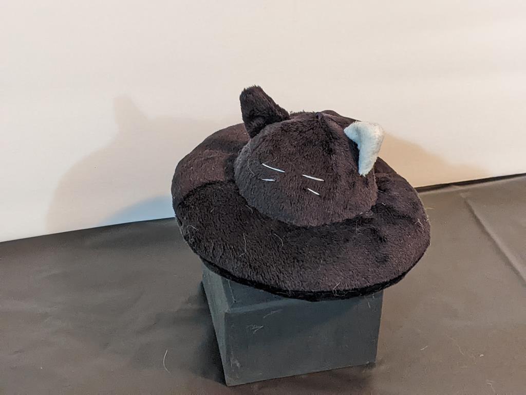 A flying saucer with cat ears, a tail, and whiskers. It is black with one white ear.